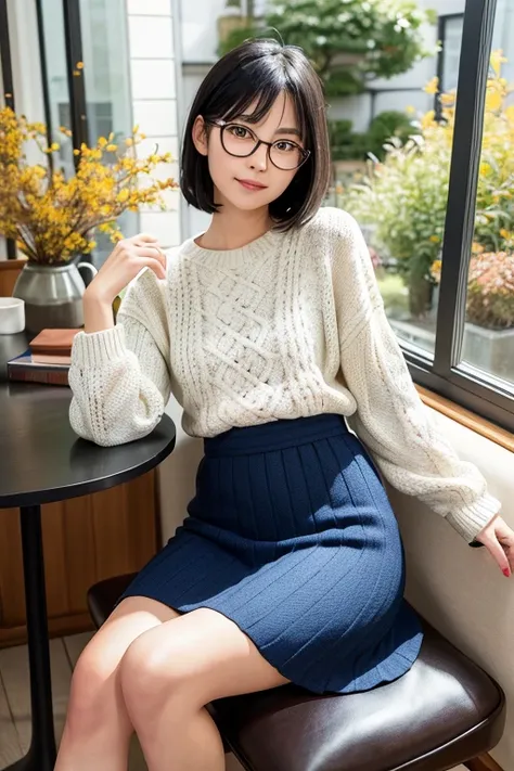 (High Definition), One Female, Japan Person, Cute, Black Hair Short, wearing Cable Knit & Paneling Long Skirt peal Blue Glay for Female, Small Oval Eye Glasses Frame, Sitting on a chair, Lean on some cushions by window at Coffee room, Cup of coffee & some ...