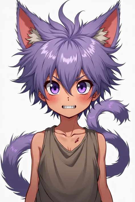 Dans un style manga Fait un jeune garçon de 13 ans avec une coupe de cheveux hirsutes, dressée en lair et d’un lavande profond, doux et soyeux. Deux oreilles de chat moelleuses ornent son crâne, et ses yeux vibrent d’un violet intense avec des pupilles bla...