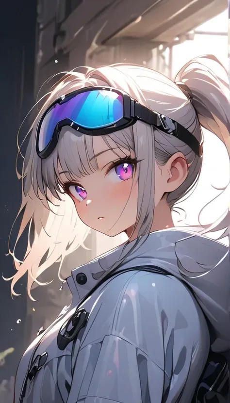 masterpiece,  High Quality, Extreme clarity,  anime girl with a round ponytail,  petite body , White functional coat,  smaller, Blue-purple gradient ski goggles ,  Cyberpunk , Grey Hair,  Natural Casual Style , Dynamic Stance, golden part , Large Aperture ...