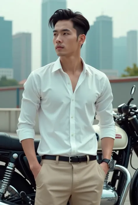 If samsung s24 ultra was a male korean human, make a  cinematic pic,where he were a white shirt, beige pant with a royal enfield bike