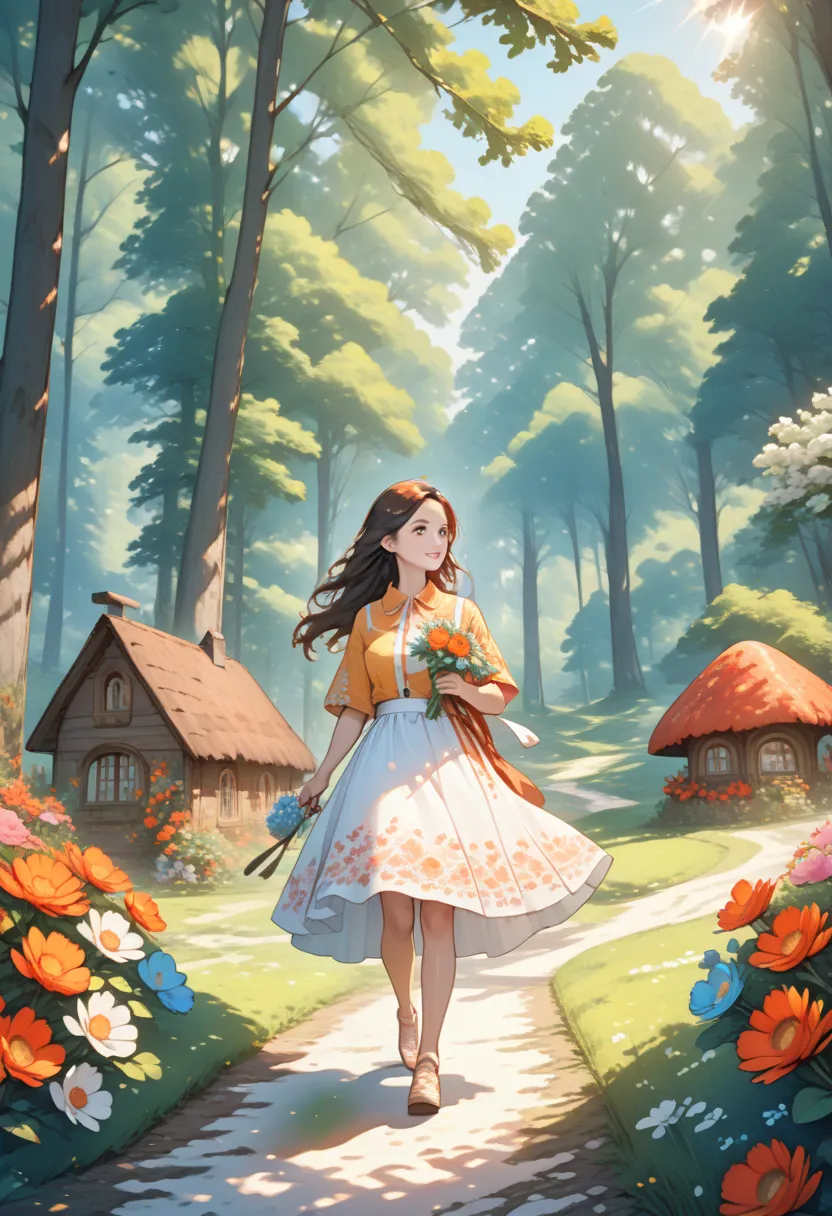 Hzk, girl, white skirt , Darling,  ulybka,  flowers in hand , is walking,  background Sweet house , Forest edge ,  sunlight , Darling атмосфера, beautiful colors, rich colors , bright colors,  lots of details, masterpiece, 8 k,  best quality , 