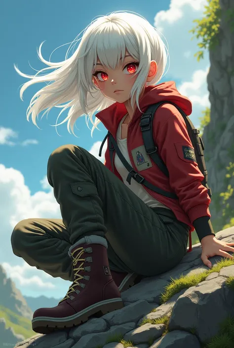 girl,  white hair, red eyes, dressed in adventurous clothing