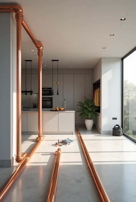 " A professional and realistic image that promotes the supply and installation of gas pipes in a modern residential building.  The scene shows an elegant kitchen visually connected to a clothing room ,  both spaces designed in a modern and clean style ,  b...