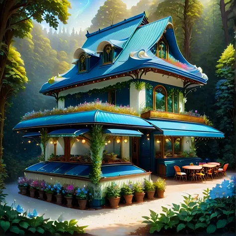 forest，night， 1 Parisian cafe with blue roof and white walls、Overall exterior ， Cafe lights are on at the back of the forest，flower，Minuet，masterpiece，Rich colors， best quality、 Official Art、 fantasy 、 colorful 、Nice background、 glitter、Beautiful Shadows、