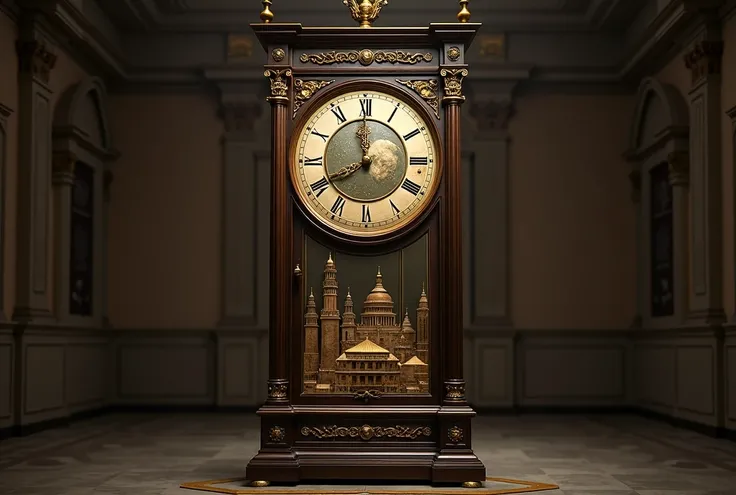 A large dark-wood grandfather clock with each number on the clock replaced by a monument that depicts diffrent civilisations of different in the worlds history. let the second and horvhandtake the shape of chains. 