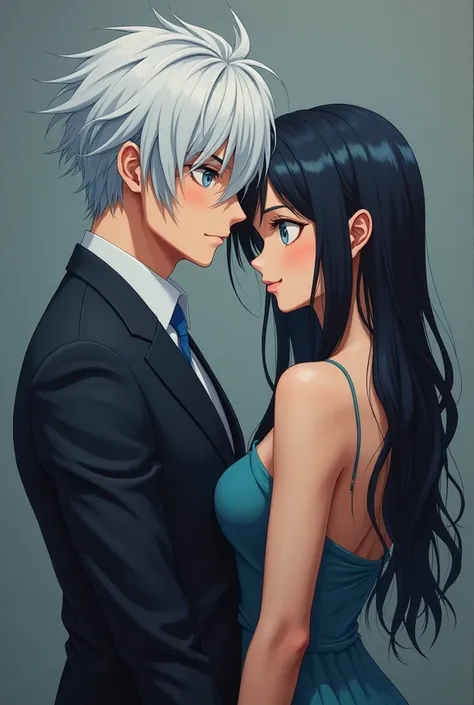 an oil painting. An anime couple, a man and a woman, both with their backs to each other ,  crashing their backs while having an arm intertwined.. The man has a calm and calm expression ,  has white hair with blue tips ,  dark blue eyes degrading to a ligh...