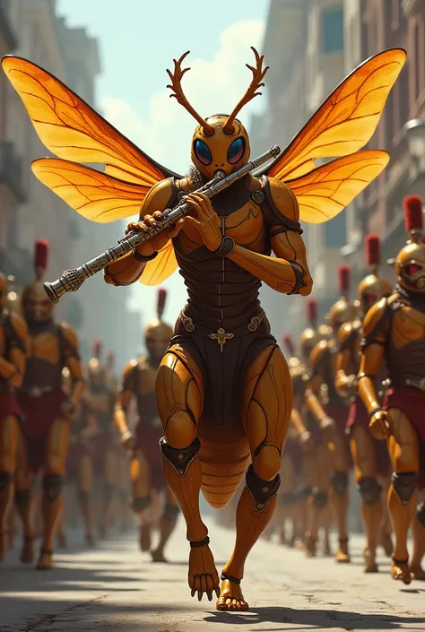 Strong and muscular wasp playing the transverse flute ,marching band  