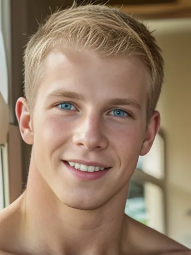 1man, solo, young, natural light blonde short hair, green eyes, stubble, charming, smile, eyeshd