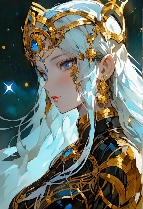 A tall woman who is the godesses of the galaxie that is 2, she has pale skin and white hair, her eyes are two dark blue circles that glow, she has massive breasts, butt and thighs, she wears a black uniform with golden details, she wears a golden tiara on ...