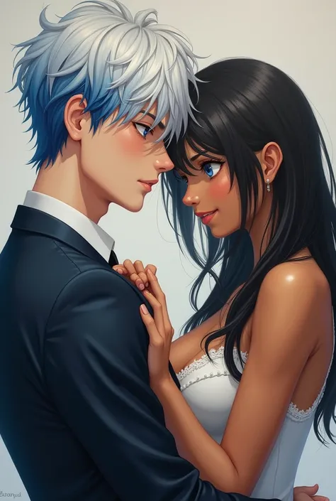 an oil painting. An anime couple, a man and a woman, both with their backs to each other ,  crashing their backs while having an arm intertwined.. The man has a calm and calm expression ,  has white hair with blue tips ,  dark blue eyes degrading to a ligh...