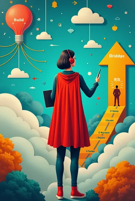 Create a mural or a poster of a diverse female DevOps persona, symbolizing the core values of Build, Bridge, and Teach. The woman should be shown from behind, wearing a headset microphone and a Superman cape, standing on a cloud with a large arrow symboliz...