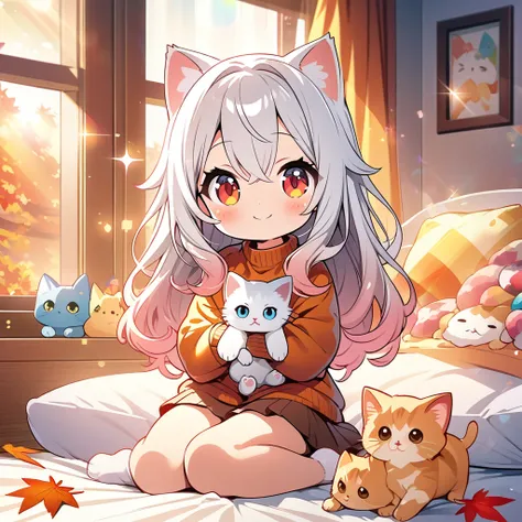 masterpiece, best quality, 4k、((2D illustration))、one beautiful girl、solo、(((chibi style)))、((loli)), ((cute))、((very young)), ((warm colors))、((long beautiful hair)), glossy light silver hair, gradient hair color, hair between eyes, beautifully detailed e...