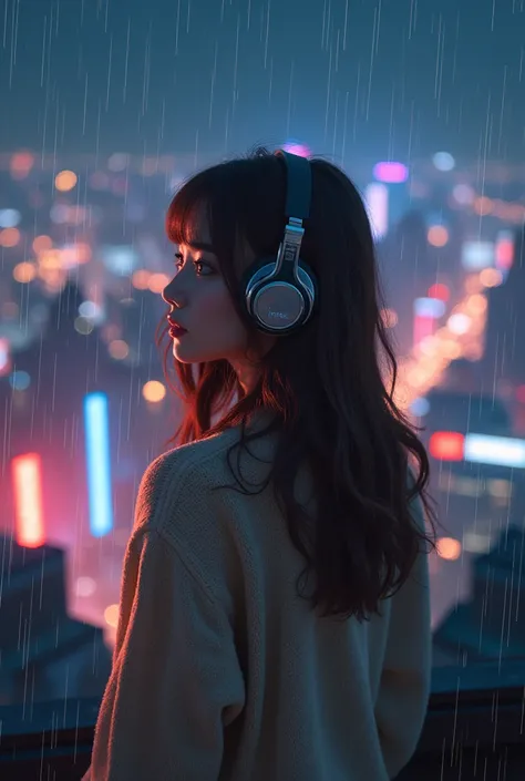 A stylish and cute woman with long wavy brown hair, wearing oversized headphones and a beige sweater, standing on a rooftop at night, overlooking a cityscape filled with neon lights, soft rain falling, warm and tranquil atmosphere, anime-inspired style, ci...