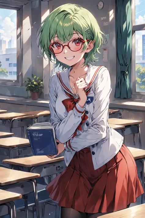 score_4_up, score_9, score_8_up, score_7_up, score_6_up, score_5_up, good_hands, high quality, extreme details, masterpiece,1girl, solo, green hair, short hair, royalblue school jacket , white shirt inside with a red bow, red skirt, red eyes, smile, classr...