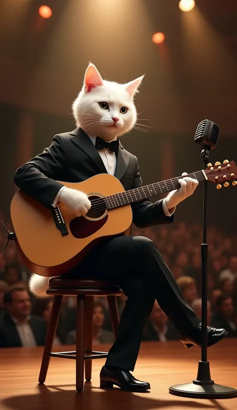 "A sophisticated anthropomorphic white cat dressed in a sleek black suit and tie, sitting gracefully on a stool while strumming an acoustic guitar. The setting is a grand concert stage illuminated by dramatic spotlights that create a warm glow around the p...