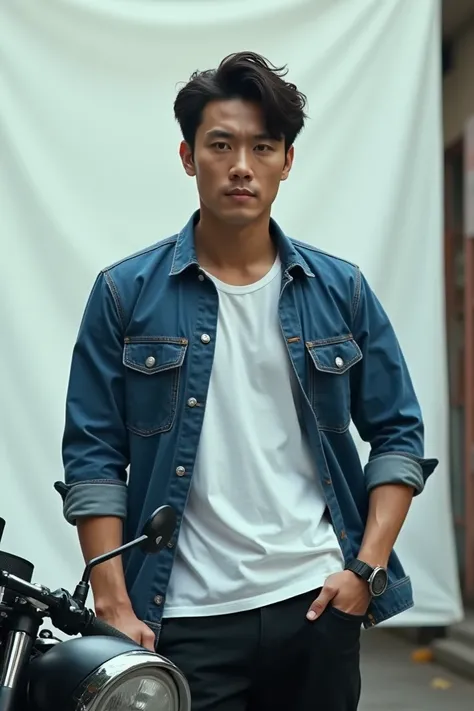 Give a motion cinematic action pic of a male human, if Samsung s24 ultra was a korean man, blue jeans shirt lay out on white t shirt, with a royal enfield 