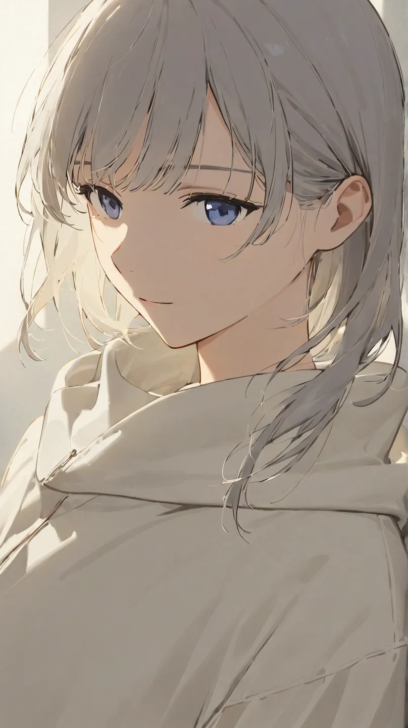 a calm and introspective young woman with short, slightly tousled light gray hair that has a faint bluish tint. her hairstyle is...