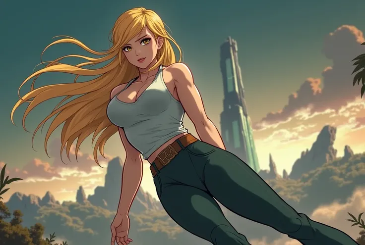 Physically fit woman with long blond hair anime version 