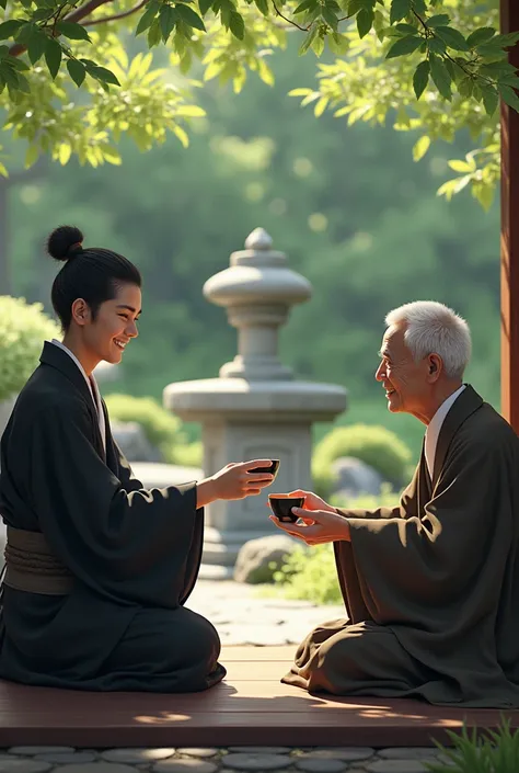 A young Japanese Buddhist monk with a kind and compassionate expression, sitting cross-legged on a wooden veranda overlooking a serene temple garden. He is dressed in traditional black and white robes with a neatly arranged kesa over his shoulder. The monk...