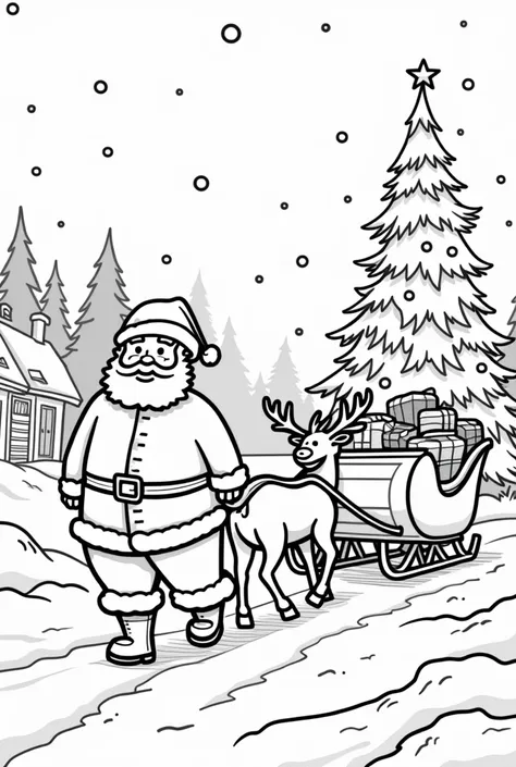 Santa Claus is walking to deliver presents to ren in the village, with reindeer pulling his sleigh next to the Christmas tree, with presents behind the sleigh, in the middle of falling snow, with a big Christmas tree beautifully decorated on the side of th...