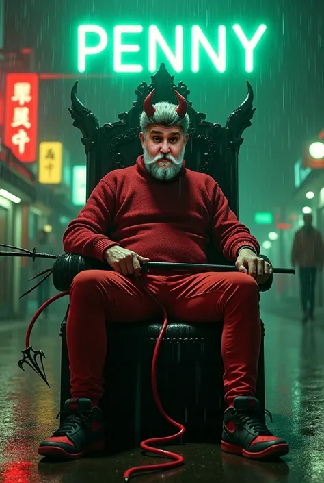 45 year old man, Sitting on a Gothic throne in the middle of the street raining,  Hair color gray-black root white reflections, Height 175 cm . weight 80 kilos , thick build,  on the head two small red horns ,  long sleeve slim fit red sweater,  thin tight...