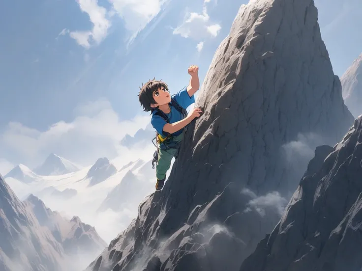 A young climber, man, top a big mountain 