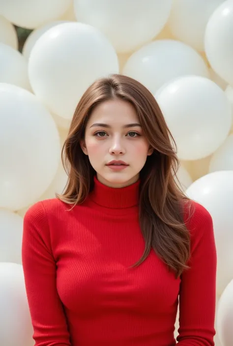 masterpiece, Best Quality, very detailed background, perfect lightingBest Quality,Fashion portrait photo of a beautiful 60s young woman in a red turtleneck sweater standing in the middle of a ton of white balloons., Taken with a Hasselblad medium format ca...