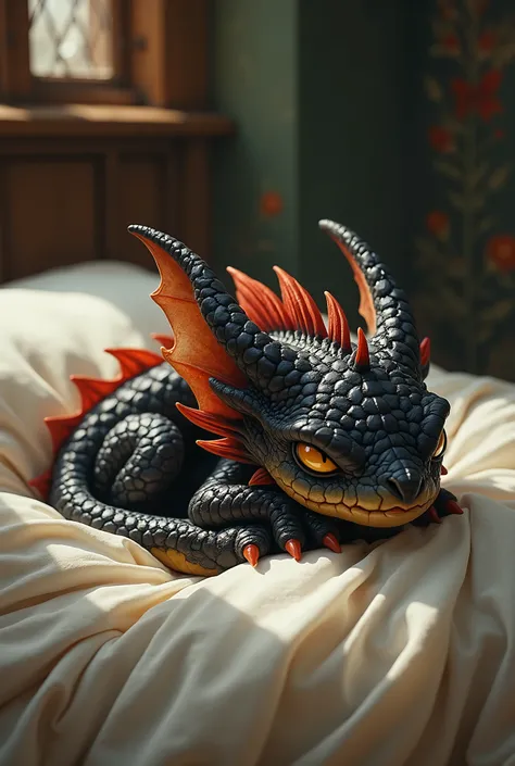 A tiny [evil black/red/yellow dragon] sleeps peacefully in bed, eyes closed and hands under chin, in the style of an oil painting. Dreamy atmosphere. Fine, realistic details 