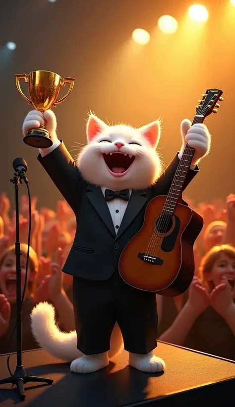 A jubilant anthropomorphic white cat in a dapper black suit and tie stands proudly on a brightly lit concert stage. With a wide, victorious smile, the cat raises a trophy in one paw and an acoustic guitar in the other. Behind it, an enthusiastic audience c...