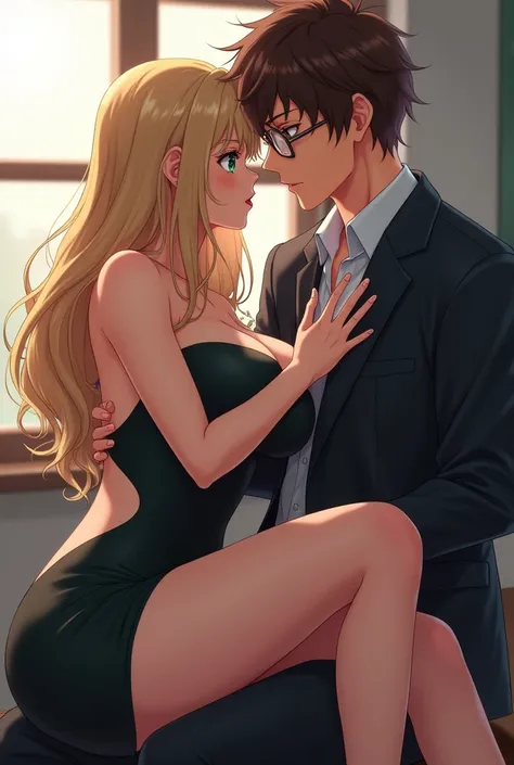  Create an anime girl in a sexy office dress.  She has big breasts and a mediocre bouncy .  The ass is very big and she has blonde hair with forest green eyes.  She sits on the lap of a man in a suit . He has brown hair with brown eyes .  He is wearing sli...