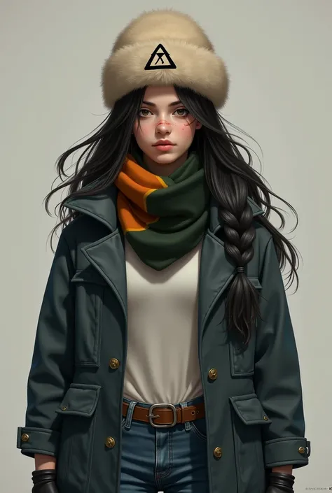 ∆iden has long black hair, accessorized with a fluffy beige ushanka atop her head. She sports a slightly light-gray navy colored army coat with only one button closed, accompanied by a white undershirt, accessorized by a dark green and orange scarf. She al...