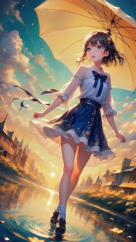 ( best quality, 8k, masterpiece,   super detailed ),  anime style,  A young girl is walking alone on the rainbow bridge that appears after the storm,  Her umbrella is folded 、 Held in one hand ,  The bridge stretches to a bright and hopeful horizon ,  The ...