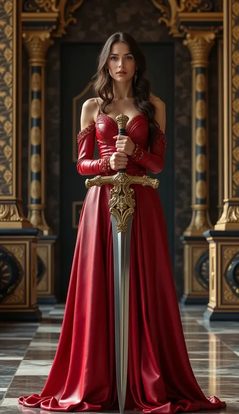 Professional photo using Sony A7R III, interior royal luxurious castle, obsidian, Luella Princess wearing red leather long suit dress holding a massive titanium and gold intricate sword