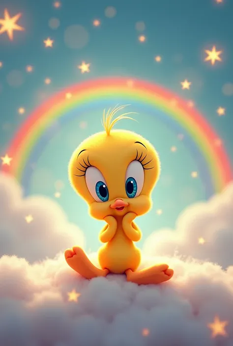 Warner bros. “Tweety”, sitting on a colud, two hands touched to face, background rainbow bridge, flying stars, sparkling ligthing, romantic style 