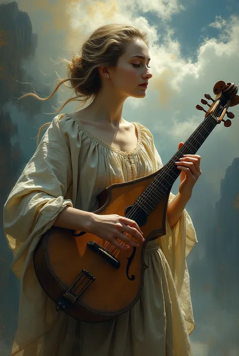 painting of a woman in old clothes playing the lyre,  surrounded by ghostly iridescent clouds , A lot of depth in the background , High quality, cinemascope, melancholic, epic,  awesome.