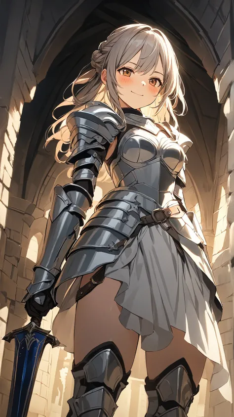 1 girl, (cute face), 18 years old, to many hairstyle, blush, smug, biting closed mouth, medium breasts, wearing fantasy game style knight Armor, (knee length:1.3), standing on castle battlements, (hand on hilt), for glossy skin, cowboy shot, Break 
(natura...