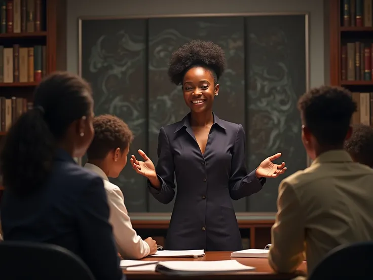 A black woman teaching English in her office with a dark background and elements. 