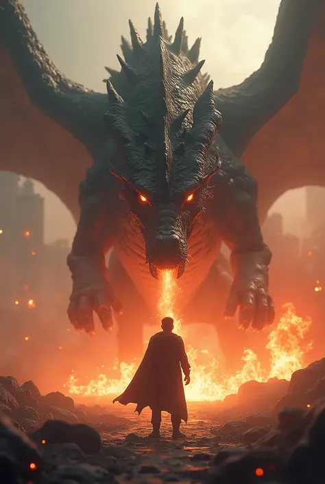 a man standing in front of  dragon with fire coming out of it, Photo by Adam Martinsky,  trending at art stations ,   Digital Art  , medicine,  dragonの顔, Dragon in the background ,  Arduin ,  dragon, Jormungand,   dragonヘッド ,  dragonが火を吐く, A giant dragon i...