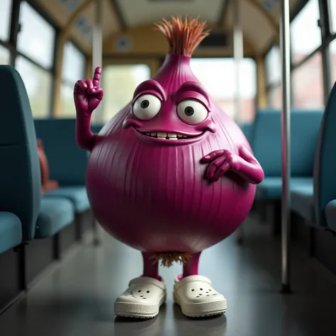 A highly realistic image of a red onion standing inside a bus, captured in a close-up shot. The onion looks exactly like a real red onion, with its glossy, deep purple skin and natural texture. It is wearing clean, white Crocs shoes, adding a quirky, reali...