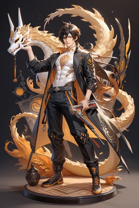 Zhongli, Amber eyes, futuristic clothes, white skin, DRAGON mask, black clothes, dragon patterns, full body, miniatures, holding miniatures.