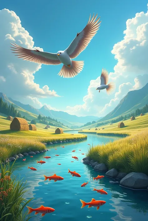 bird fliying sky,fish rivers,hay imege 8k