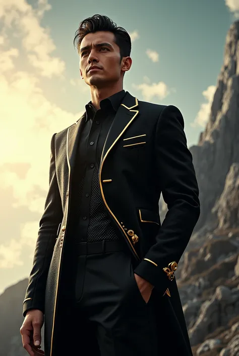 Do you have a man in a black futuristic suit and with golden touches in the sky