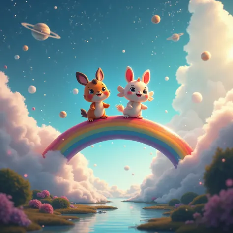 ((стиль Pixar,UHD)) (( two different funny fantastic creatures crossing the rainbow))   from one mystical and fanalistic coast to the other side (, the other coast looks like the modern real world , between the shores of a sea of stars and planets ( the un...