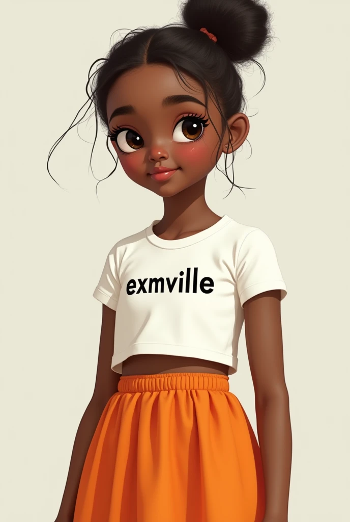 A brown skined realistic girl with a bun hairstyle that wears a white t- shirt that has "ExMville" on and wears a orange skirt