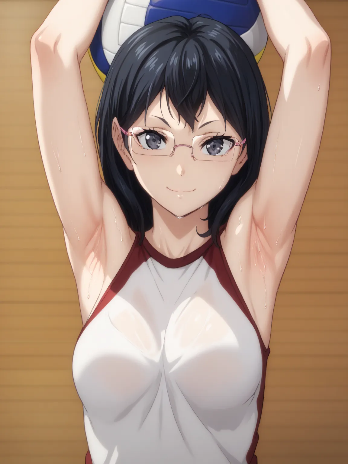 score_9, score_8_up, score_7_up, source_anime, shimizu, black eyes, black hair, medium hair, medium breasts, volleyball outfit, ...