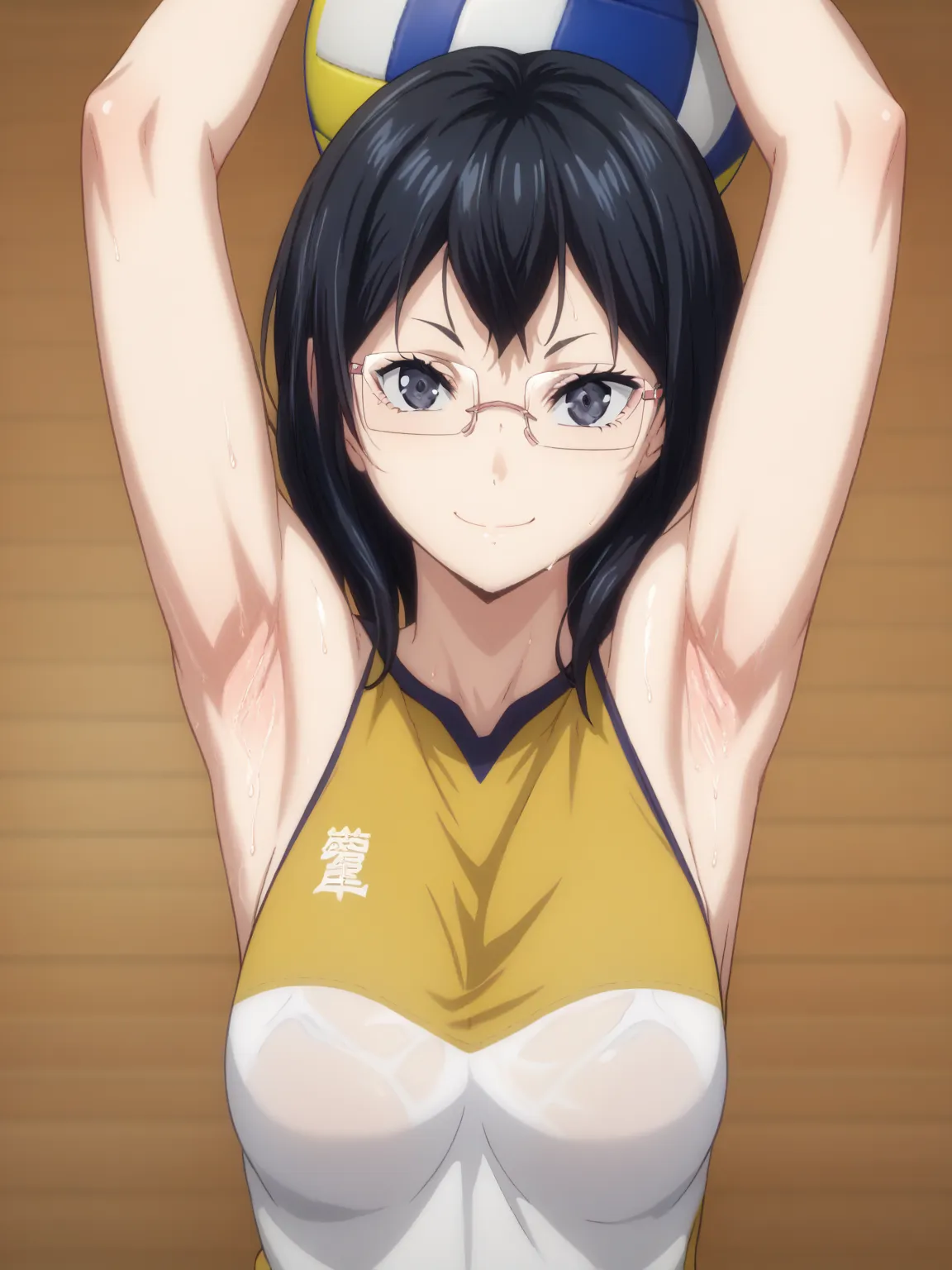 score_9, score_8_up, score_7_up, source_anime, shimizu, black eyes, black hair, medium hair, medium breasts, volleyball outfit, ...