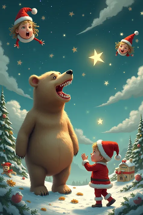 Describe ,  there were stars and a bear hanging out in front of Christmas that only had one tooth , il avait des dents un peu belles, mais pas beaucoup,  there were ren and ren were screaming in the sky , mettez leurs mains dans leurs fesses et dans leur t...