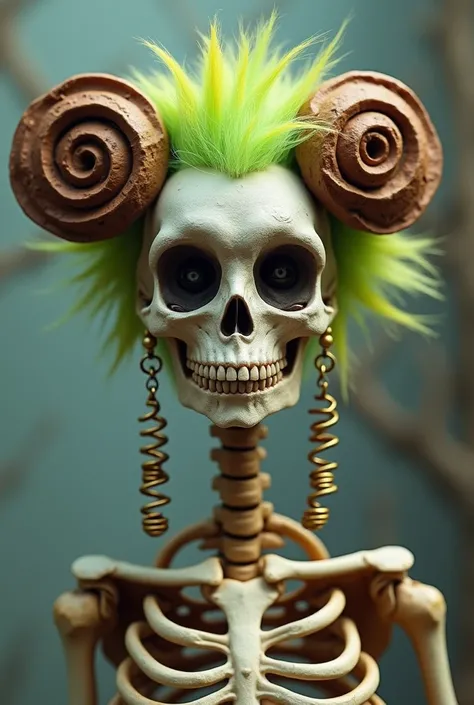 Skeleton with green bividi yellow edges hair with brown curlers at ear height
 long gold spring earrings