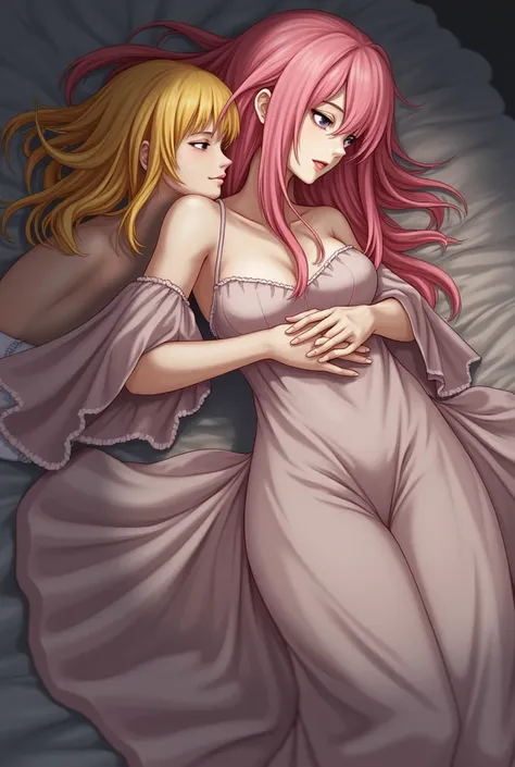 Another drama where a woman with pink hair has yellow hair is a female character wearing a nightgown style outfit. A yellow-haired girl is lying on a pink-haired girl.2