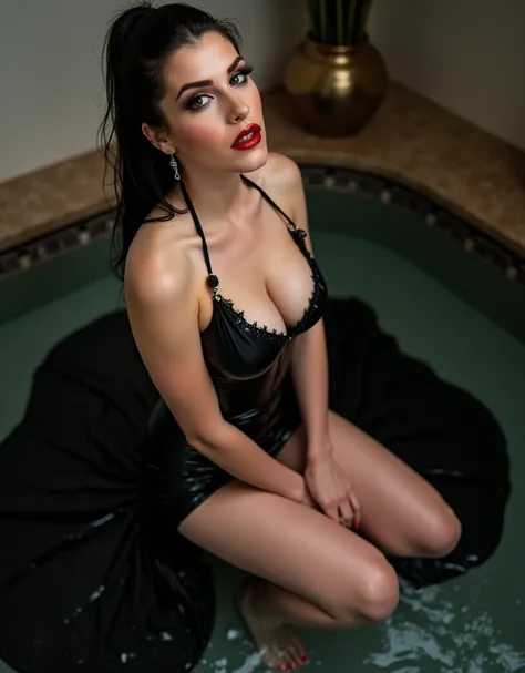 arafed women,a picture by Adrian Zingg, reddit, arabesque, sexy shot,(((dressed in sexy black dress))),(wet body with water), sitting and focusing on , anna nikonova aka new milky, angela white, wearing lipstick,sexy earrings,fit,busty,curvy ,heavy makeup ...